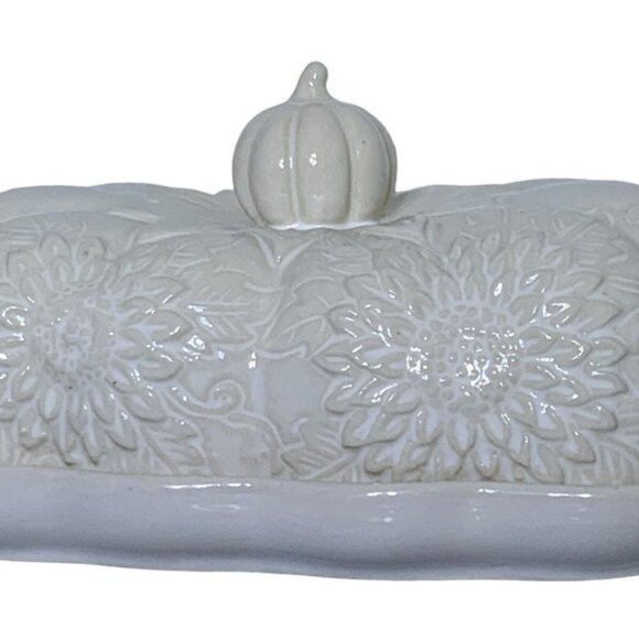 Harvest Pumpkin Covered Butter Dish With Lid Large Ceramic Floral White Cream - Picture 5 of 16